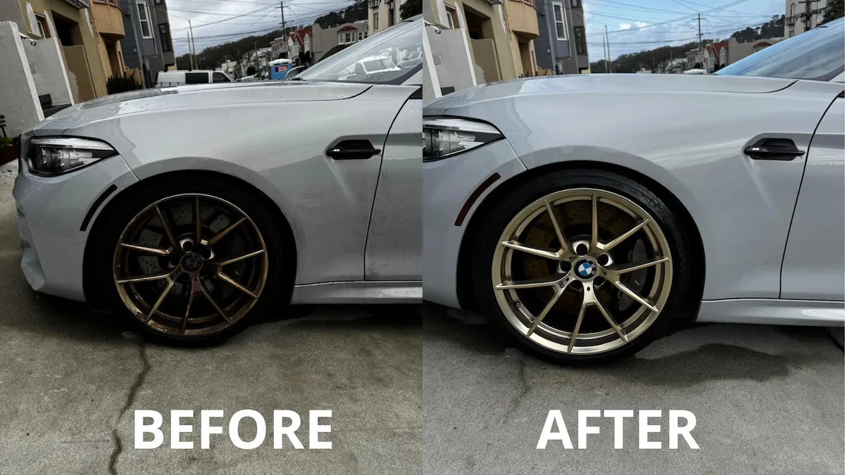 B&A rims 2 Mobile exterior car detailing service in San Pablo, CA showing before and after shine improvement